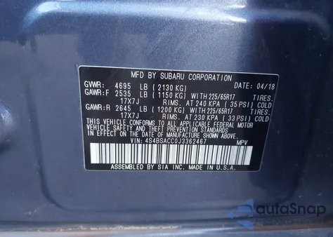 2018 Subaru Outback 2.5I Premium z USA, uszkodzony, nr VIN 4S4BSACC0J3362467